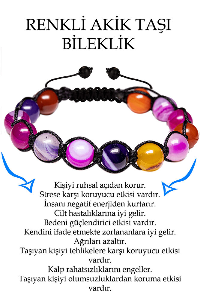 Sertifikalı Mix Renkli Akik Taşı Bileklik - Makrome