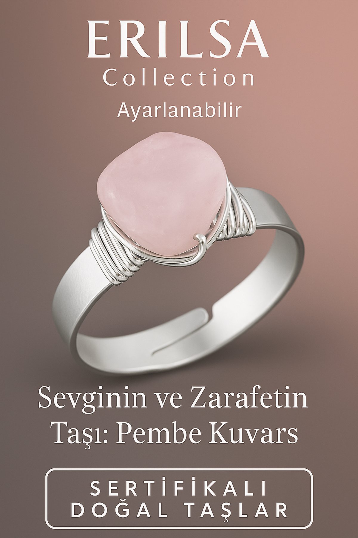 Sertifikalı Kalın Tımbıl Gümüş Pembe Kuvars Taşı Yüzük - Ayarlamalı