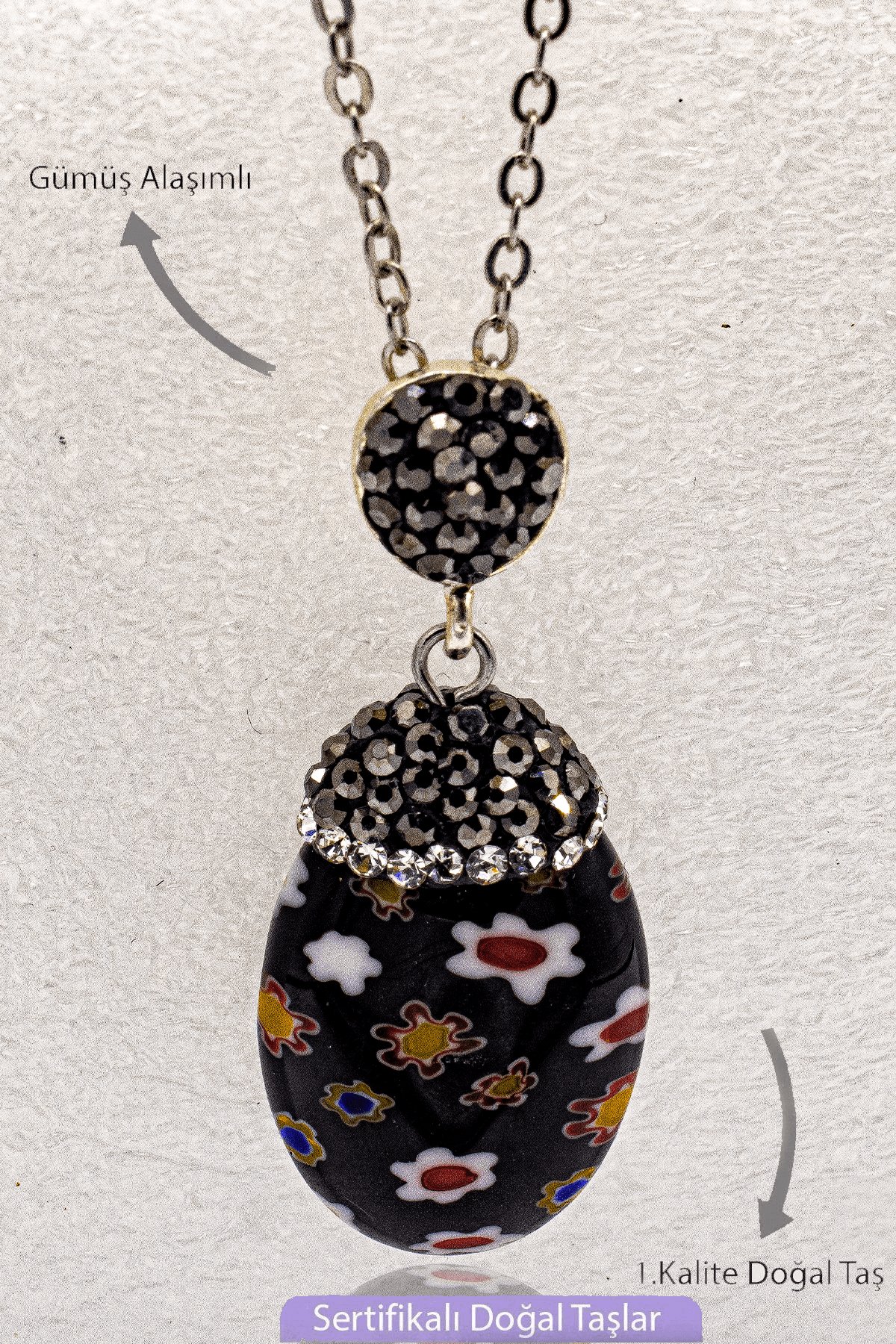 Sertifikalı Zirkon Taşlı Model Siyah Murano Kuvars Taşı Kolye