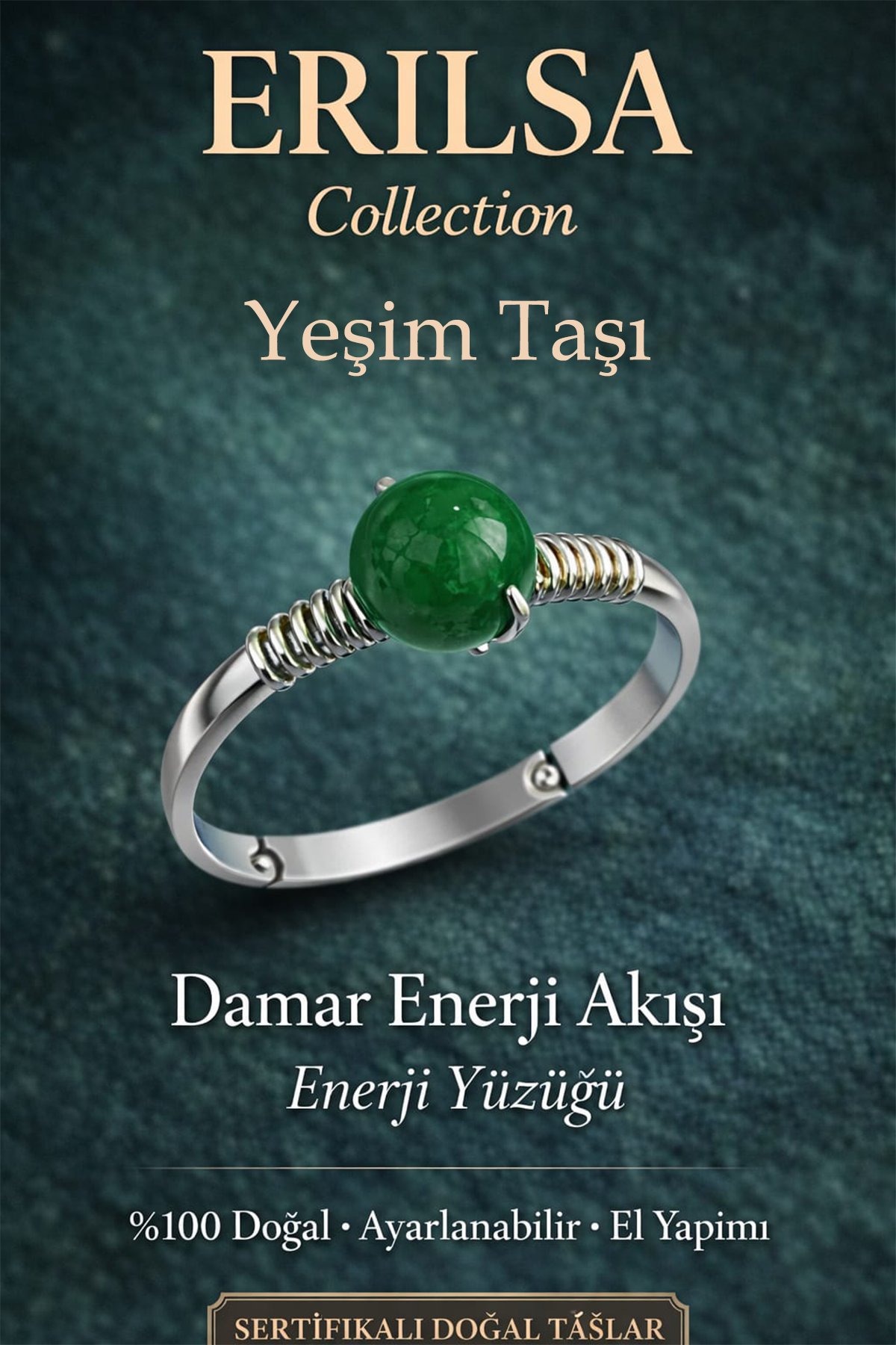 Sertifikalı Damar Enerji Akışı Yüzüğü – Yeşim Taşı Ayarlanabilir Gümüş Kasa Terazi Boğa Balık