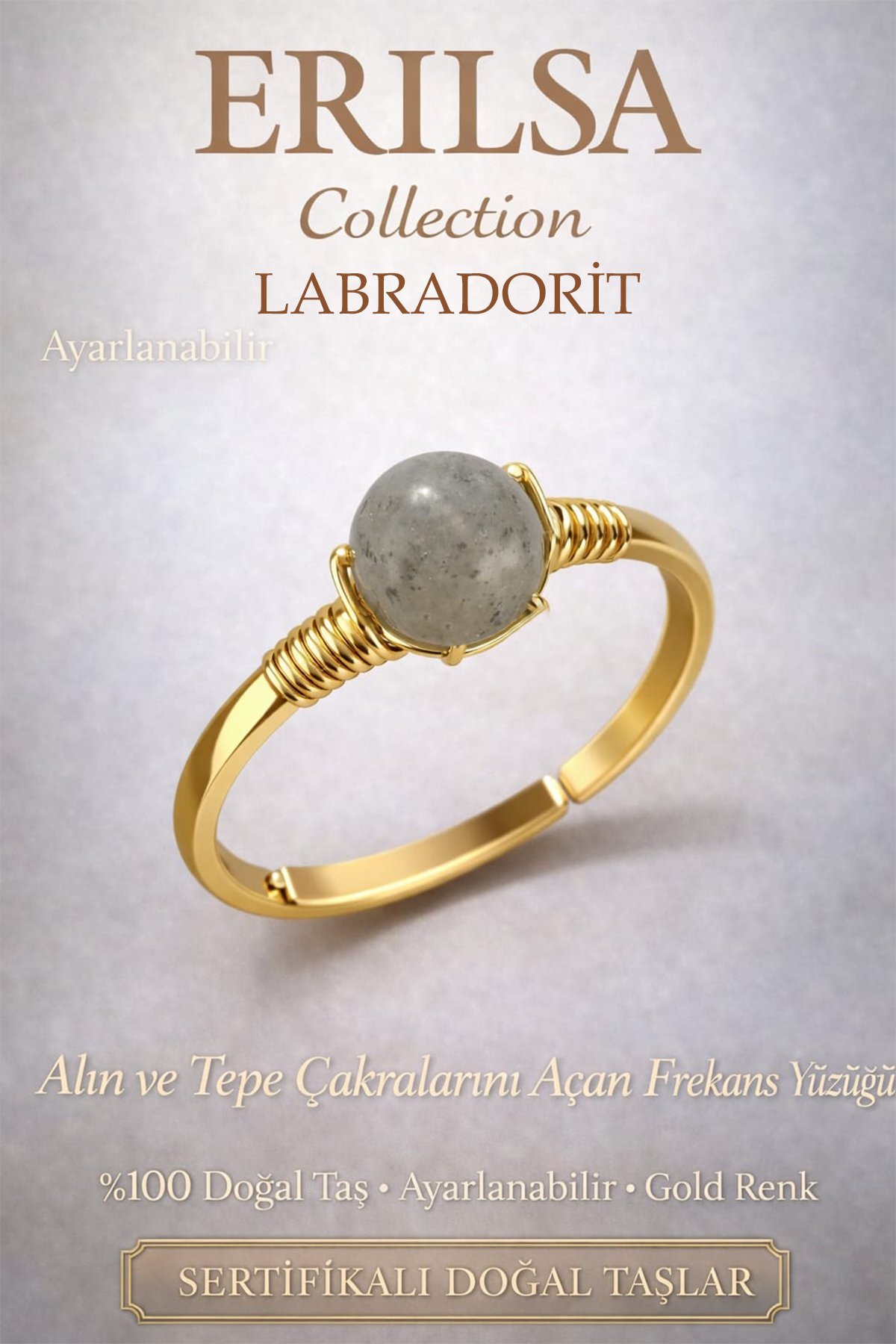 Sertifikalı Çakra Açıcı Enerji Yüzüğü Labradorit Taşı Gold Ayarlanabilir Kova Akrep Balık
