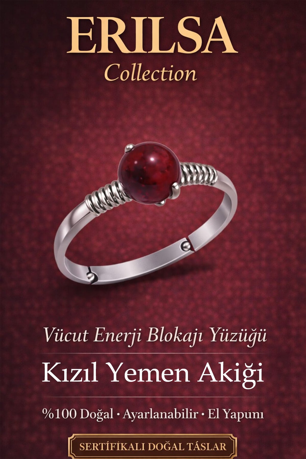 Sertifikalı Vücut Enerji Blokaj Yüzüğü – Kızıl Yemen Akiği Ayarlamalı İnce Kasa Koç Aslan Akrep Burç