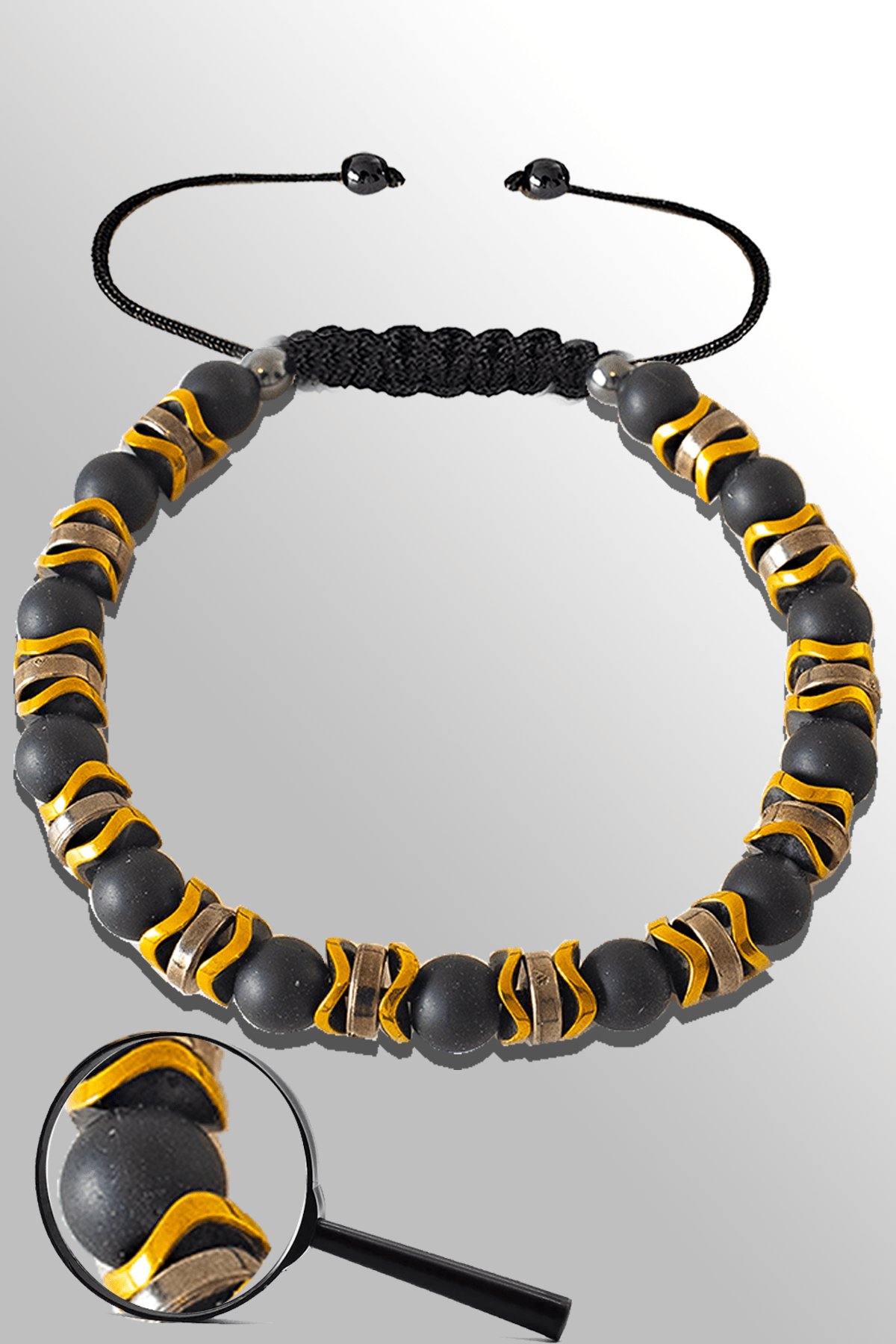 Sertifikalı Gold - Silver Hematitli Ham Oniks Taşı Bileklik - Ayarlamalı