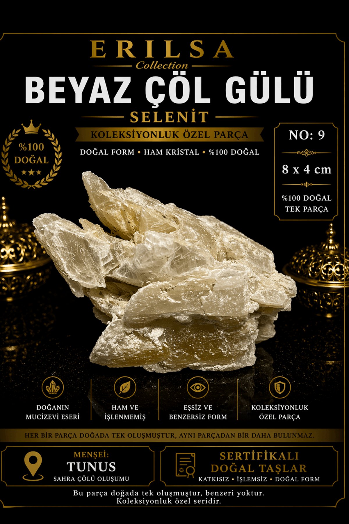 Sertifikalı Beyaz Çöl Gülü Selenit Taşı Kütle - 8x4 cm Koleksiyonluk Doğal Tek Parça