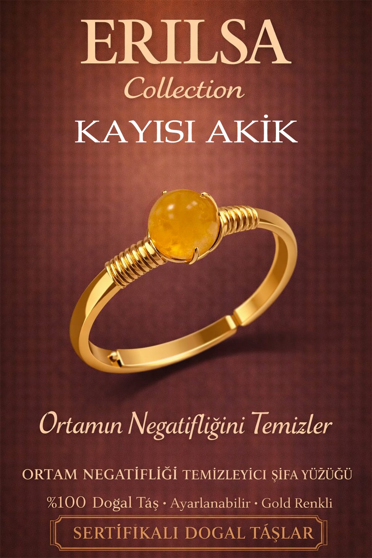 Sertifikalı Ortam Negatifliği Temizleyici Enerji Yüzüğü – Kayısı Akik Ayarlamalı Başak Terazi Burcu