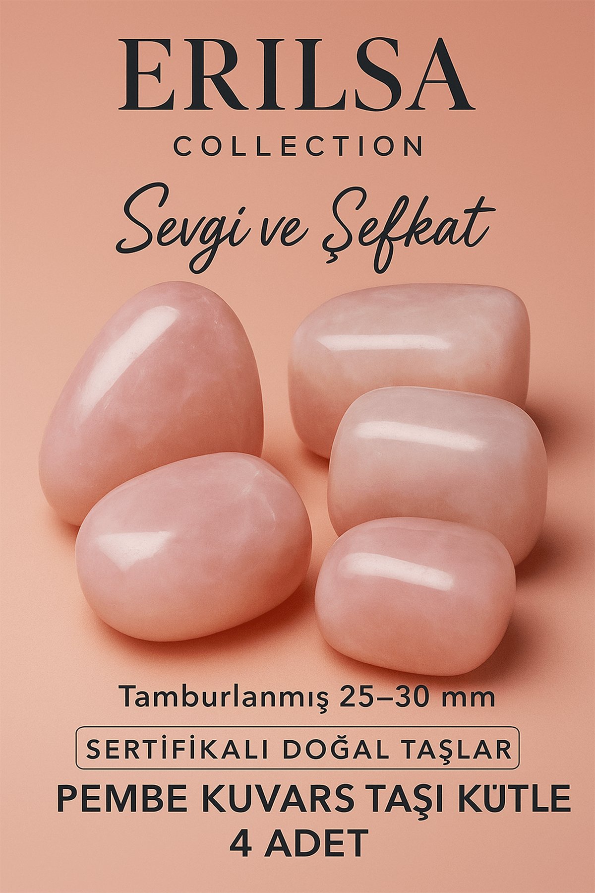 Sertifikalı Doğal Pembe Kuvars Taşı Kütle 4 Adet (25-30 mm) – Aşk ve Huzur Enerjisi