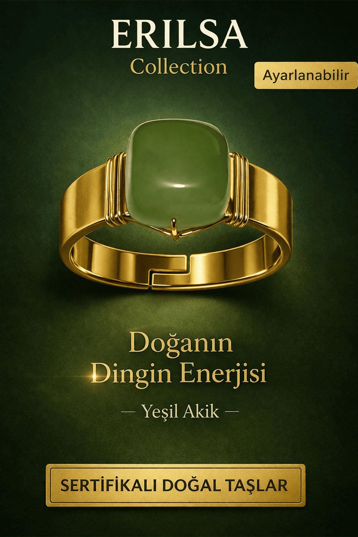 Sertifikalı Yeşil Akik Doğal Taş Yüzük – Doğanın Dingin Enerjisi Ayarlanabilir