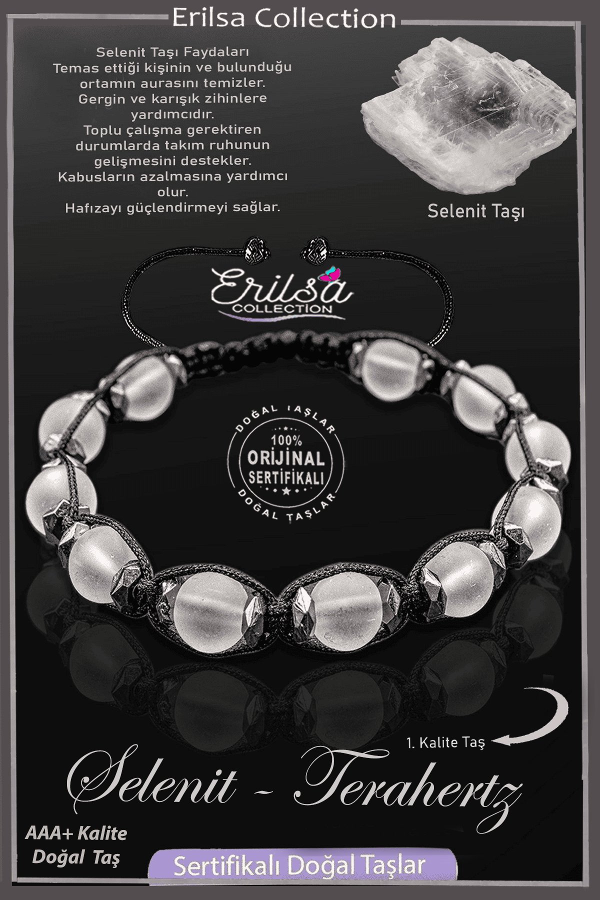 Sertifikalı Ham İşlenmemiş Gerçek Terahertz - Selenit Taşı Bileklik