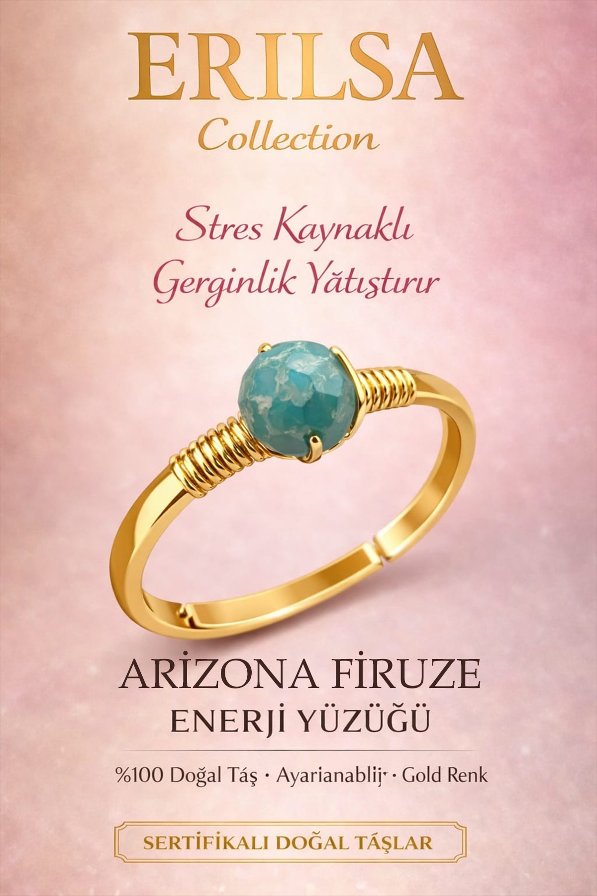 Sertifikalı Stres ve Sinir Denge Yüzüğü – Arizona Firuze Taşı Ayarlanabilir Gold Yay Kova Burcu