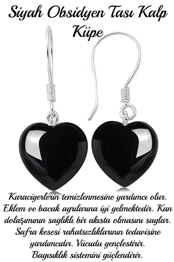 Sertifikalı Kalp Kesim Siyah Obsidyen Taşı Doğal Taş Küpe