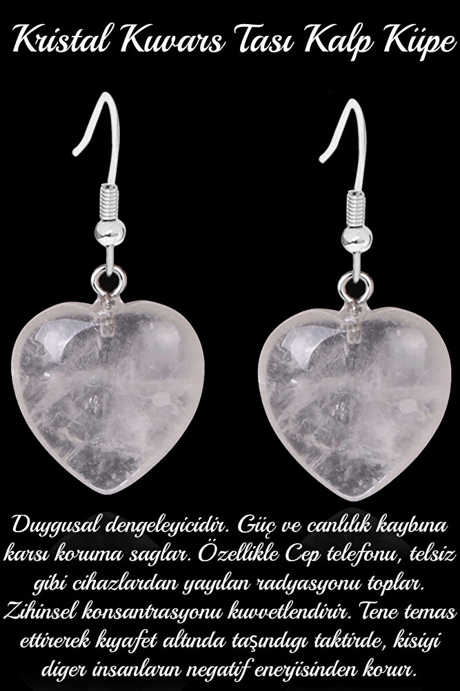 Sertifikalı Kalp Kesim Kristal Kuvars Taşı Doğal Taş Küpe