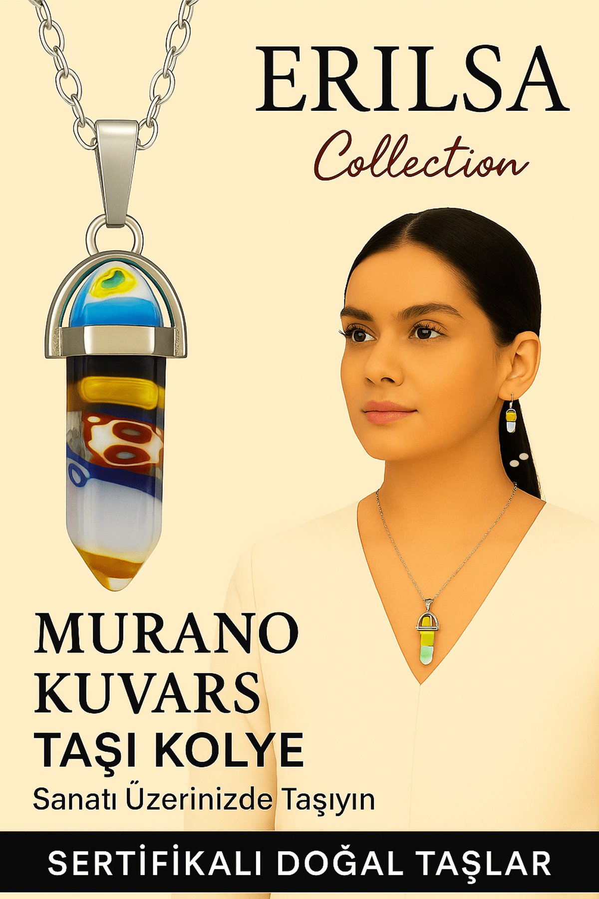 Sertifikalı Çivi Model Murano Kuvars Taşı Kolye (Canlı Renkli Sanat Desenli)