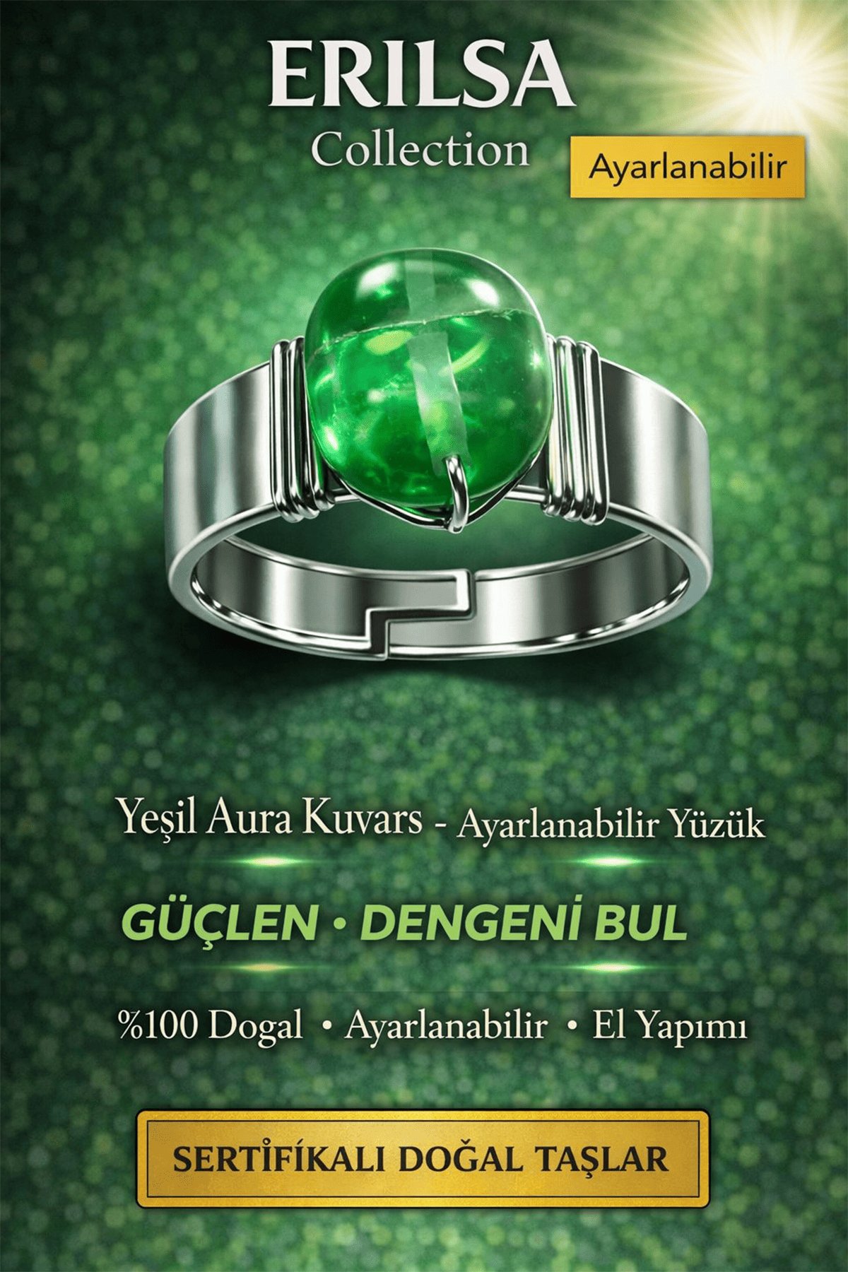 Sertifikalı Yeşil Aura Kuvars Yüzük Doğal Taş Ayarlanabilir El Yapımı Şifa Enerji