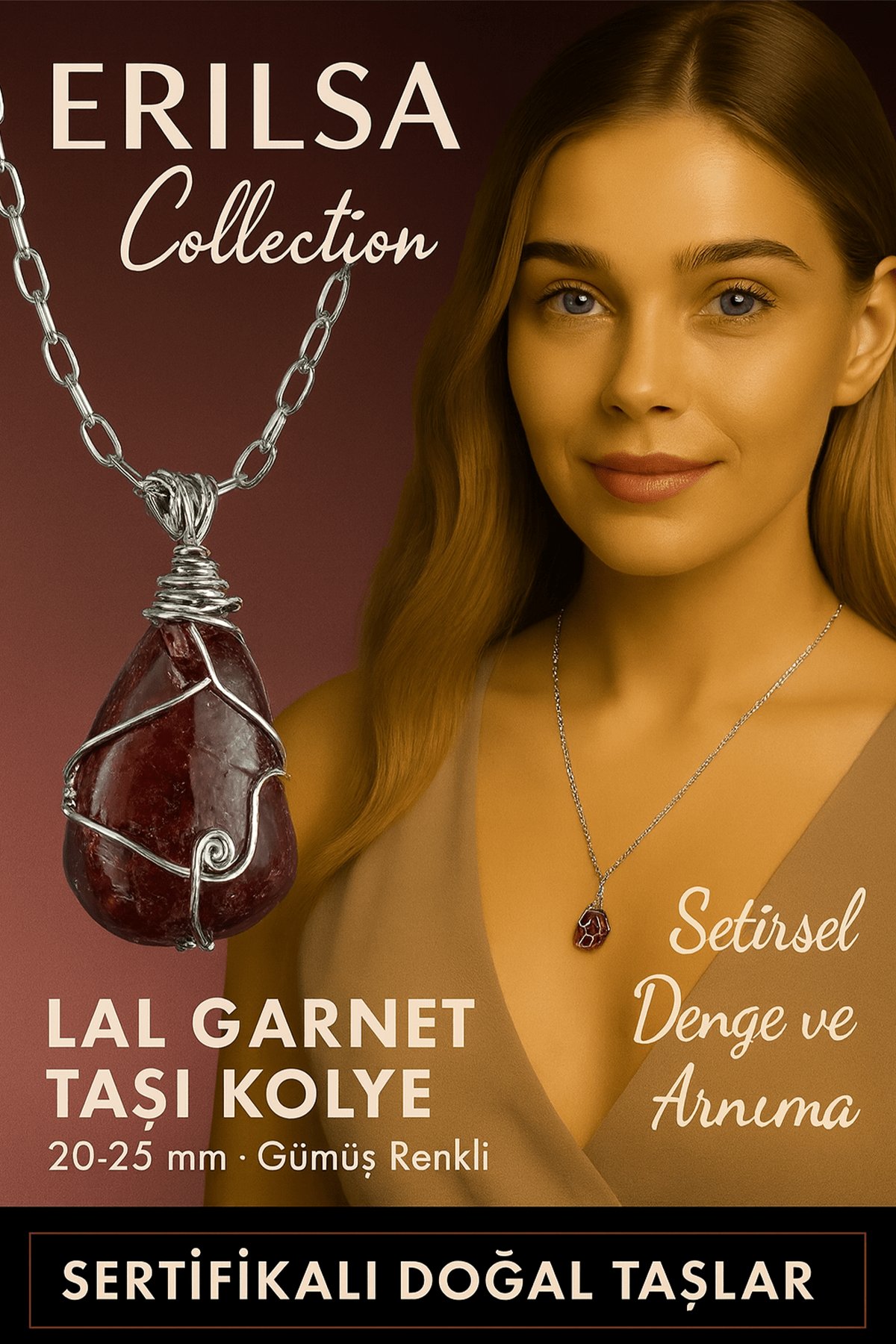 Sertifikalı Gümüş Tel Sargılı Doğal Lal Garnet (Granat) Taşı Kolye – 20-25 mm Tutku ve Enerji Taşı