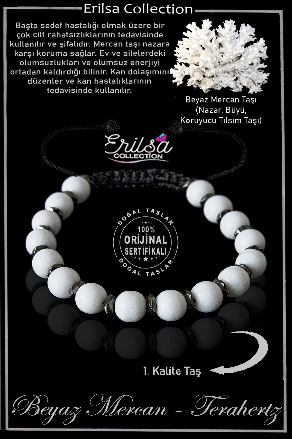 Sertifikalı Gerçek Fasetli Hematit - Beyaz Mercan Taşı Bileklik - Ayarlamalı