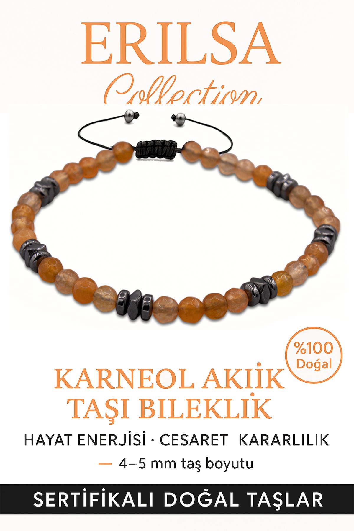 Sertifikalı Terahertz – Karneol (Karnelyan Akik) Taşı Bileklik (İnce Model) – Cesaret, Canlılık ve Yaratıcı Güç Taşı