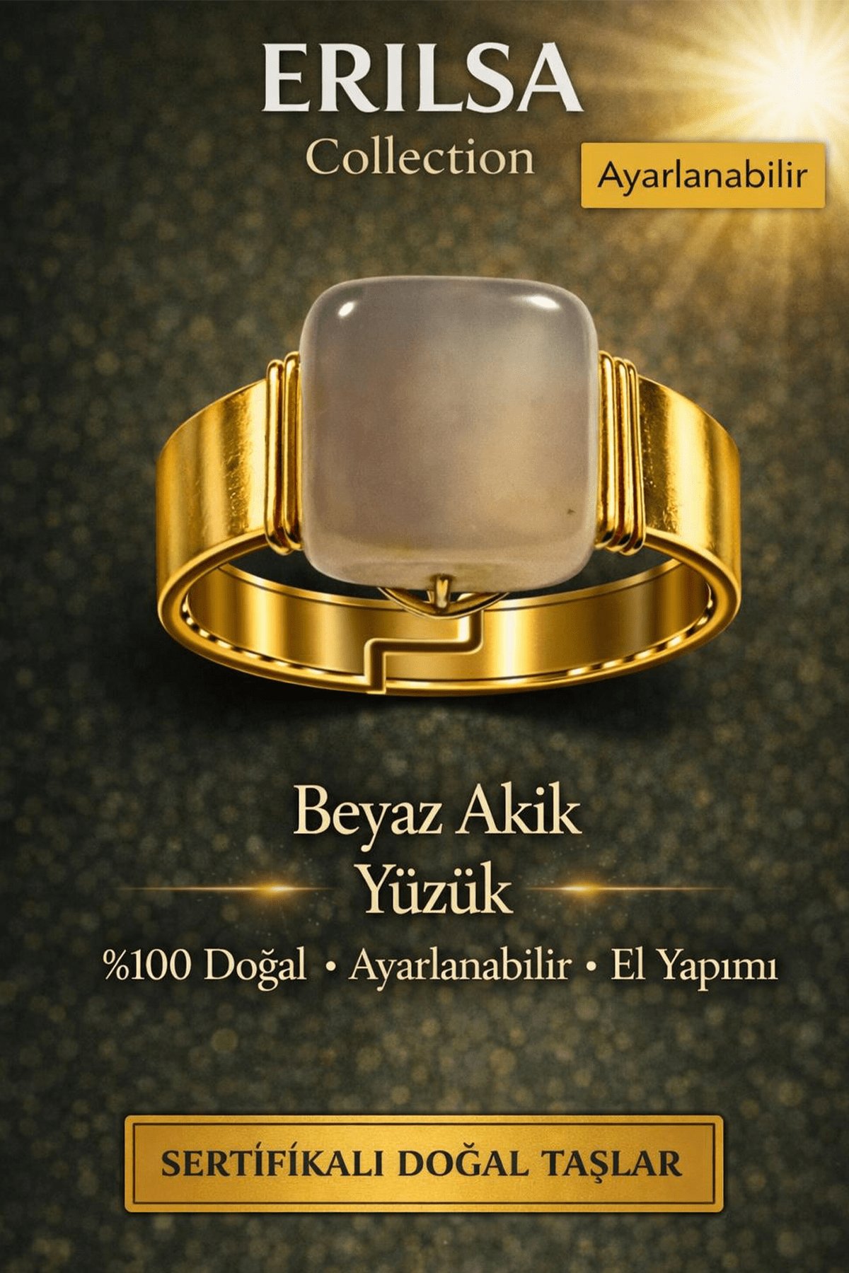 Sertifikalı Doğal Akik Yüzük Doğal Taş Yüzük Ayarlanabilir El Yapımı Şık Minimal Tasarım
