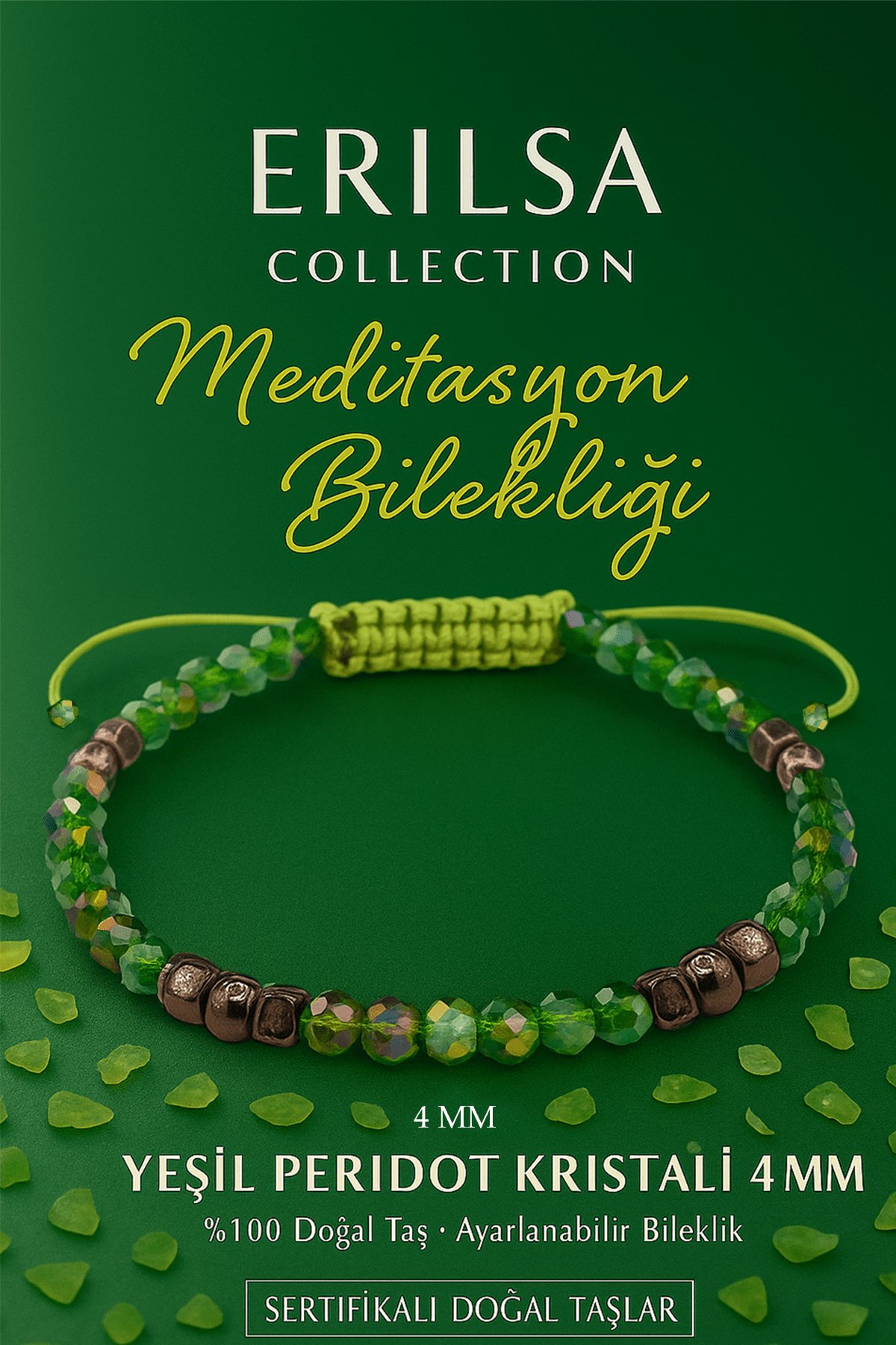 Sertifikalı Meditasyon Enerji Bilekliği – Yeşil Peridot Kristali Terahertz Doğal Taş İnce Model