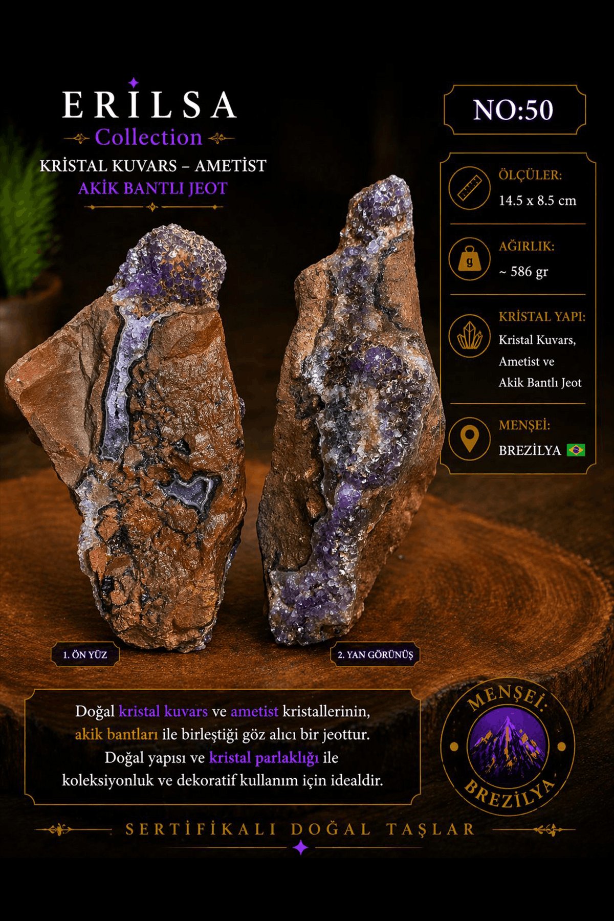 Sertifikalı Kristal Kuvars Ametist Akik Bantlı Jeot İri Kaya Dekoratif Taş NO50