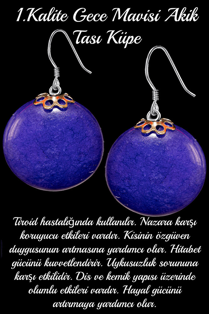 Sertifikalı Gece Mavisi Akik Taşı Doğal Taş Küpe - 1.kalite