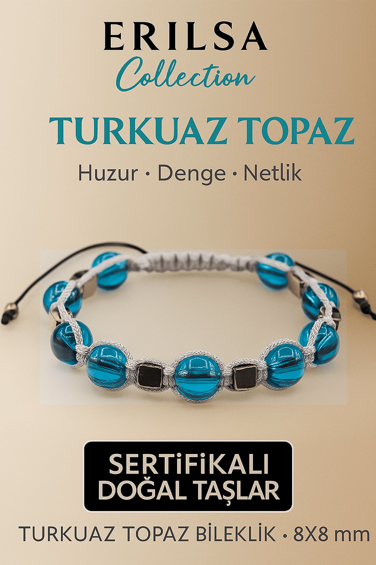 Sertifikalı Turkuaz Topaz Doğal Taş Bileklik - 8x8 mm Huzur ve Duygusal Dengeyi Destekleyen Taş