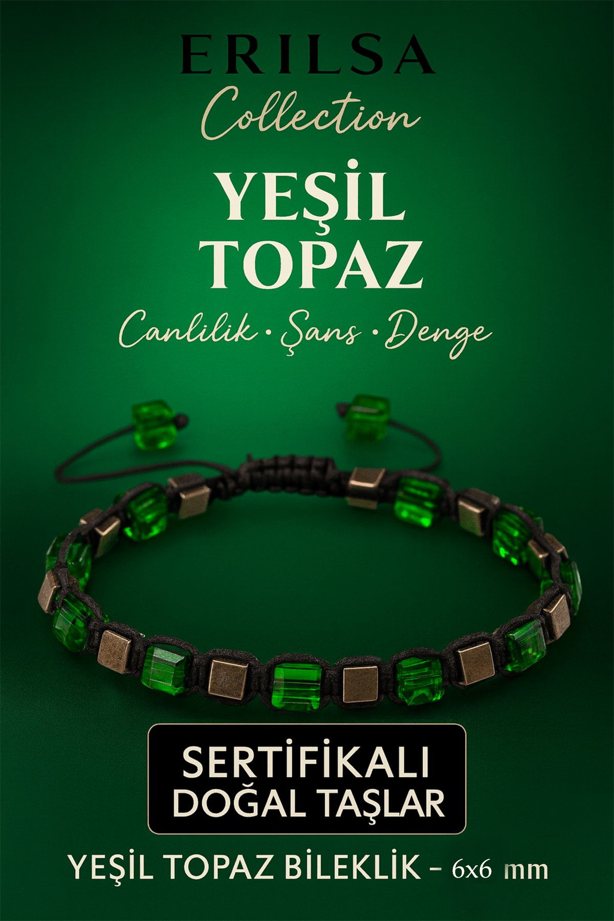 Sertifikalı Doğal Terahertz - Yeşil Topaz Taşı Bileklik 6x6 mm - Canlılık Denge Taşı