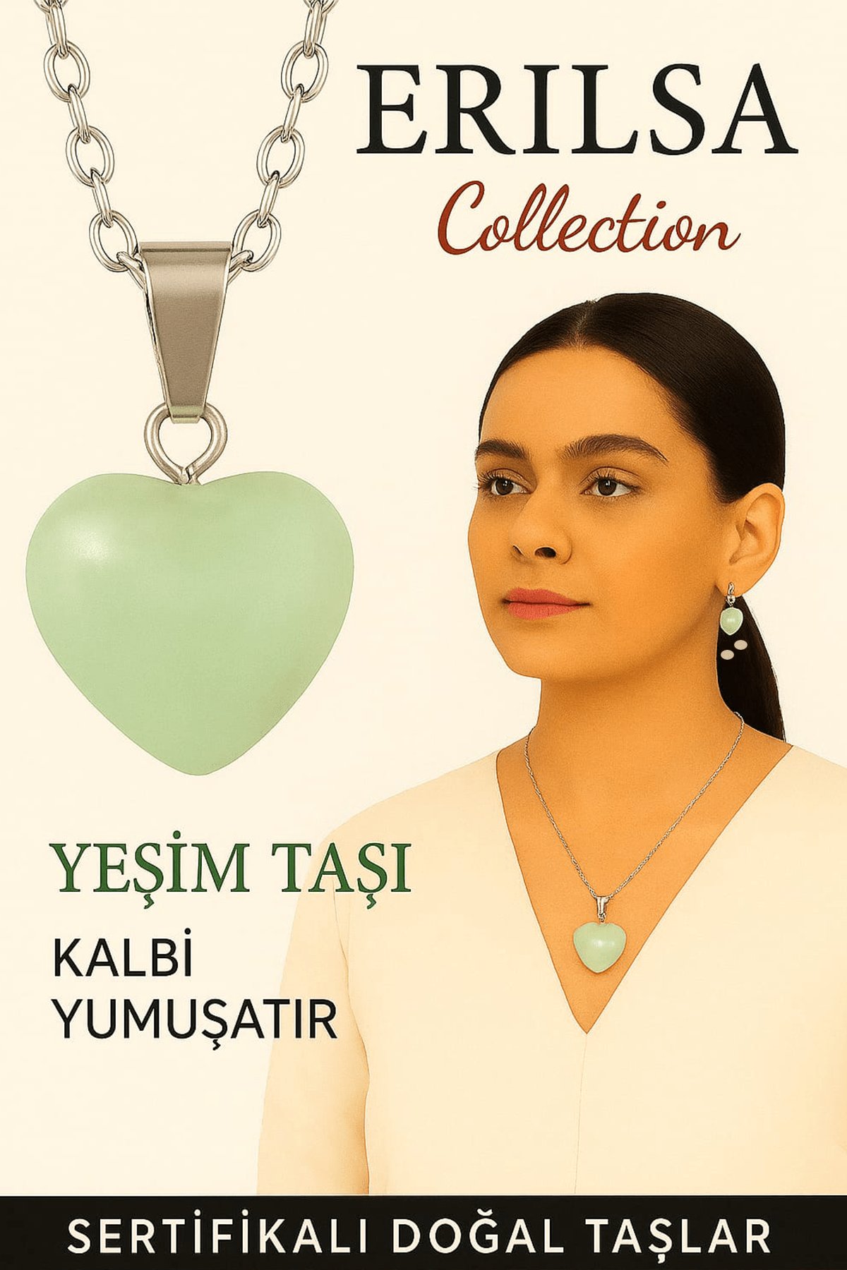 Sertifikalı Kalp Model Jade Yeşim Taşı Kolye – Kalbi Yumuşatır, İç Huzuru Dengeler