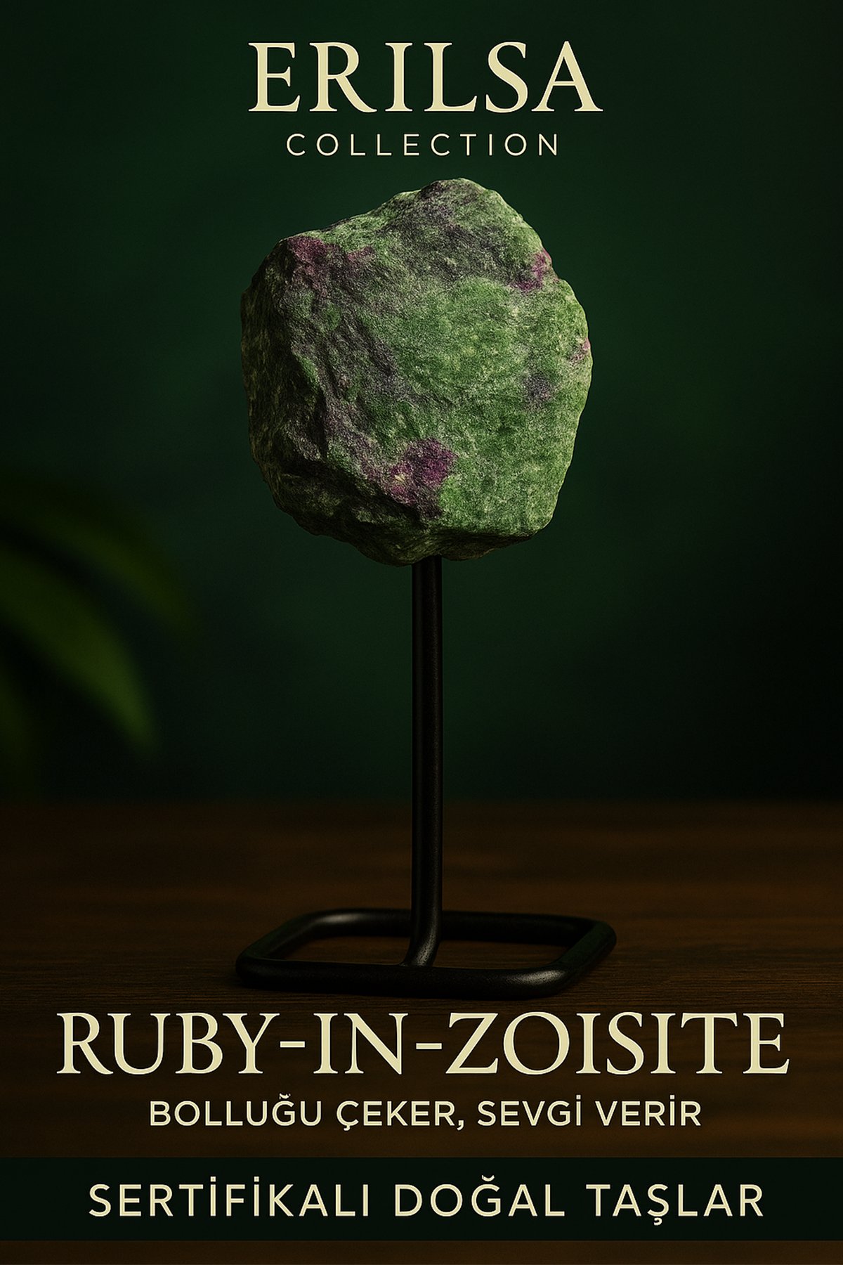 Sertifikalı Doğal Ham Ruby Yakutlu Zoisit Taşı Standlı Obje – Tutku, Dönüşüm ve Güç Taşı