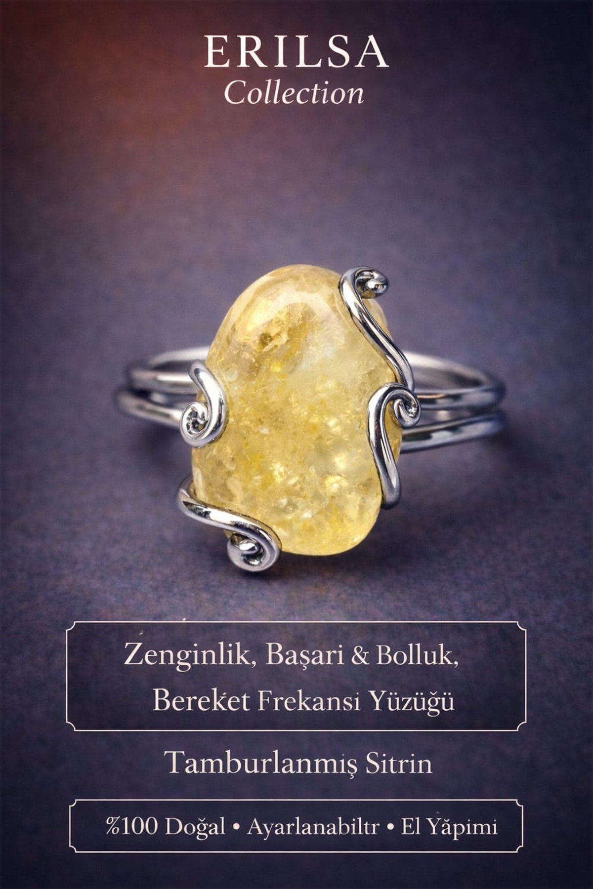 Sertifikalı Zenginlik Başarı Bolluk Bereket Frekansı Yüzüğü – Tamburlu Sitrin Taşı Ayarlamalı