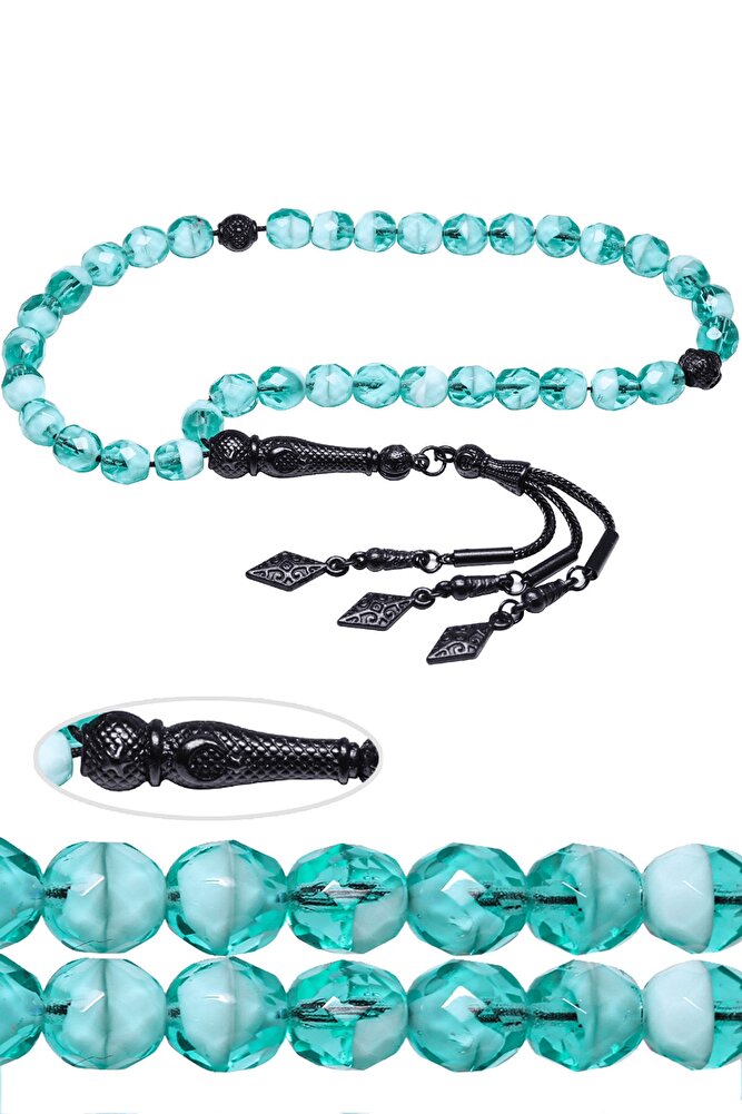 Sertifikalı Siyah Nikel Püsküllü Fasetli Doğal Mavi Kuvars Taşı Tesbih