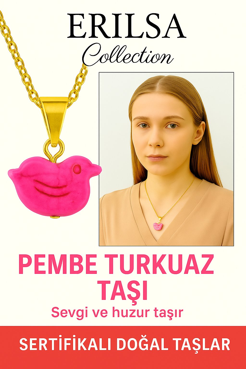 Sertifikalı Kuş Model Pembe Turkuaz Taşı Kolye – Sevgi, Şans ve Ruhsal Koruma Taşı