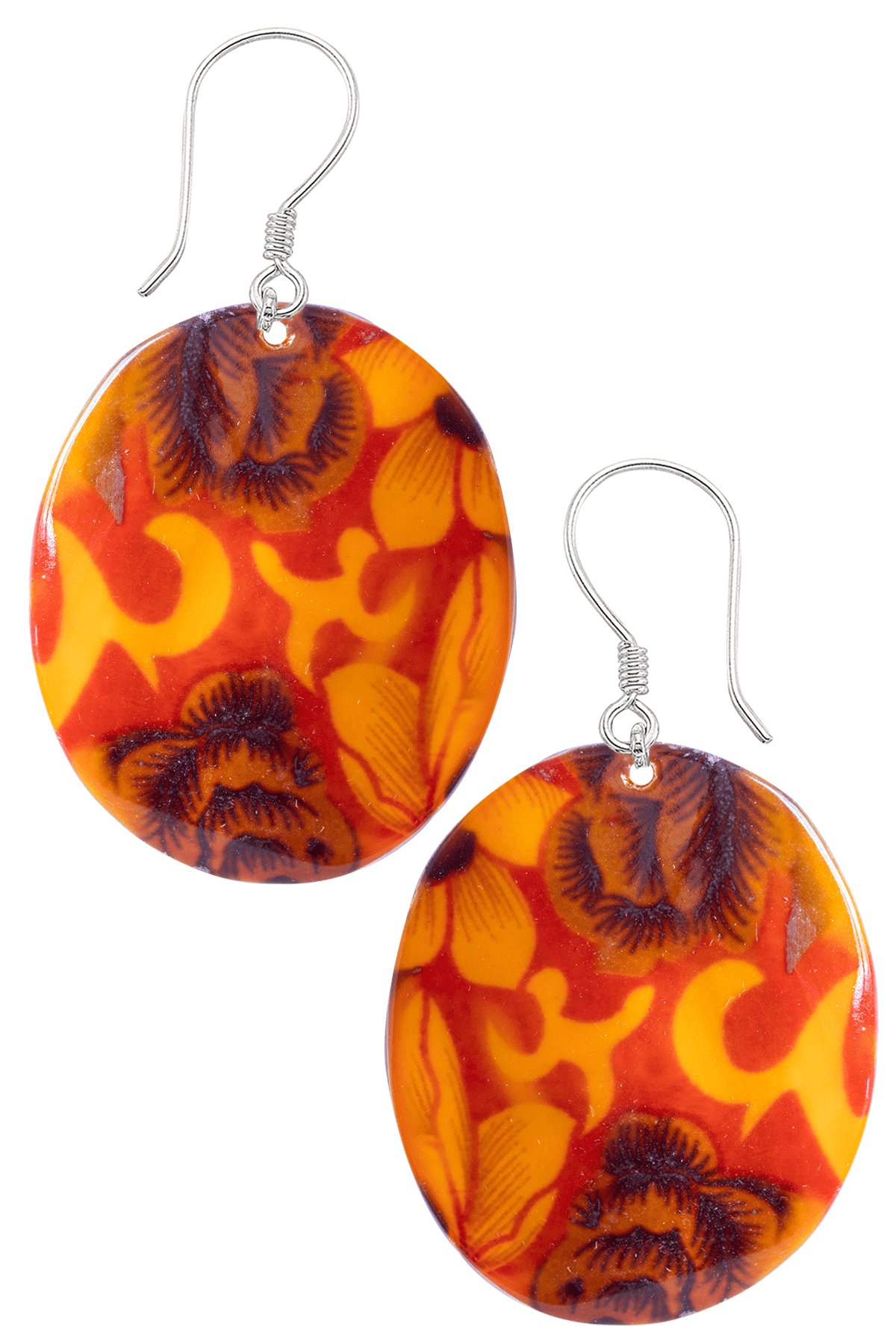 Sertifikalı Çiçek İşlemeli Turuncu-Mor Renkli Sedef Taşı Küpe