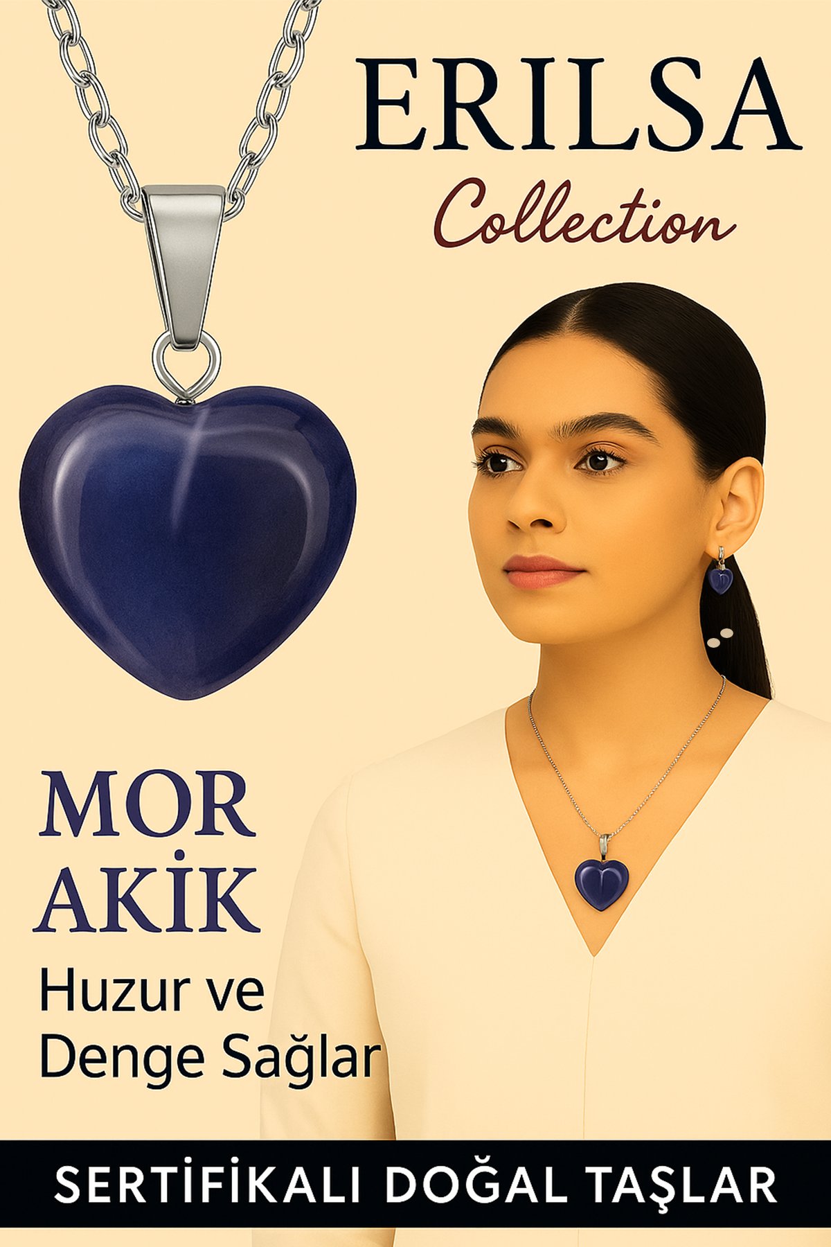 Sertifikalı Kalp Model Mor Akik Taşı Kolye – Huzur, Duygusal Denge ve İçsel Sakinlik