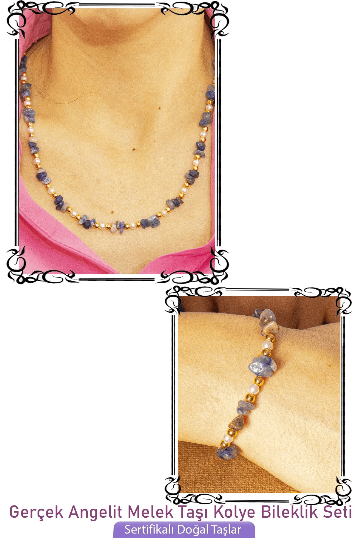 Sertifikalı İncili Angelit - Melek Taşlı Doğal Taş Kolye Bileklik Seti