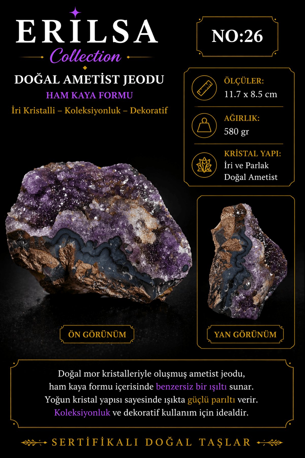 Sertifikalı Doğal Ametist Jeodu İri Kristalli Ham Kaya Kütle Koleksiyonluk Taş