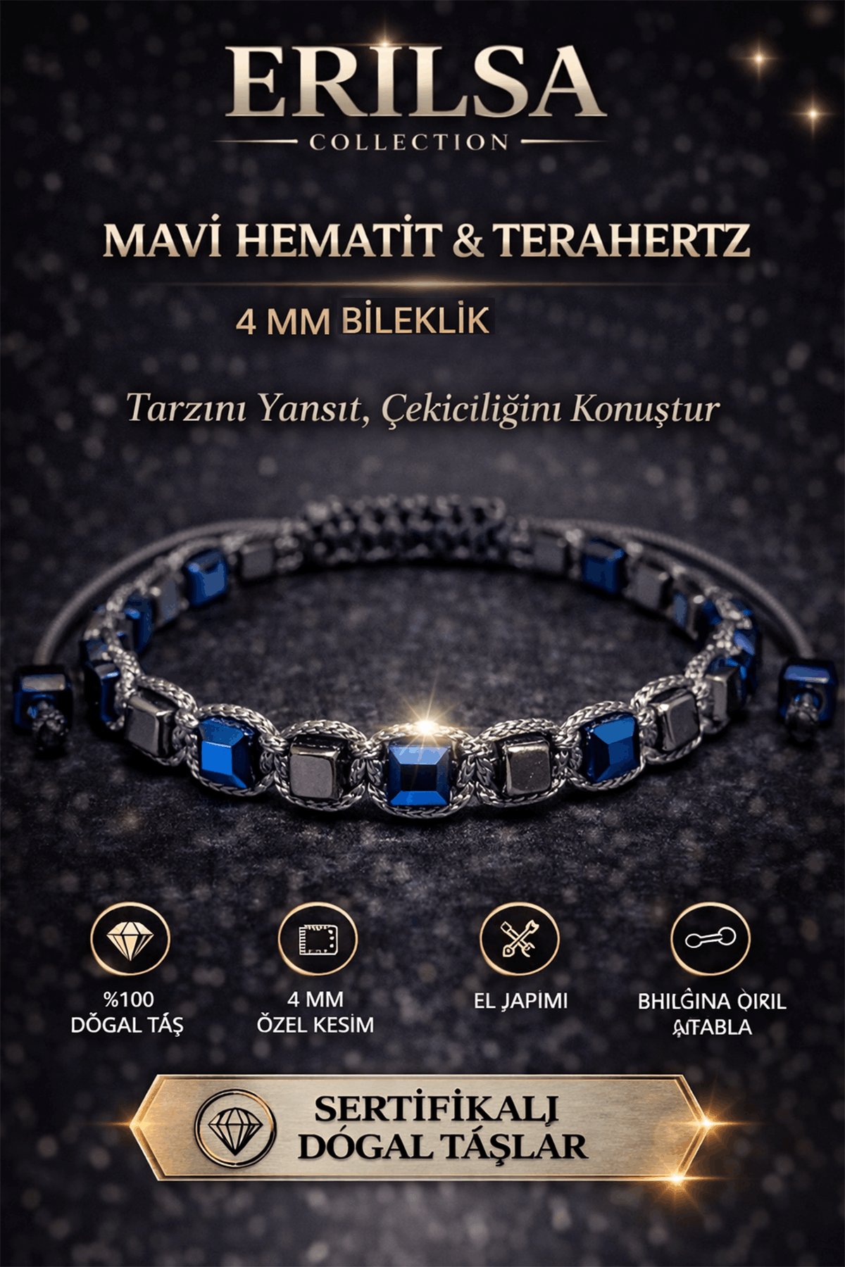 Sertifikalı Mavi Hematit Terahertz Bileklik - 4 MM Doğal Taş Unisex Ayarlanabilir