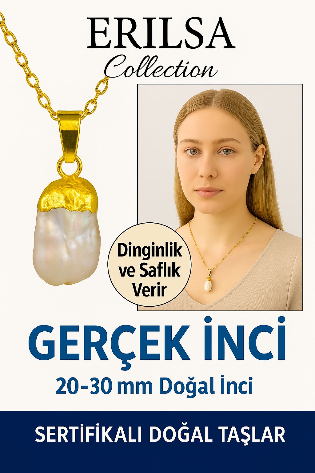 Sertifikalı Ham Altın Kaplama Gerçek İnci Kolye – Zarafet, Dişil Enerji ve Saflık Simgesi