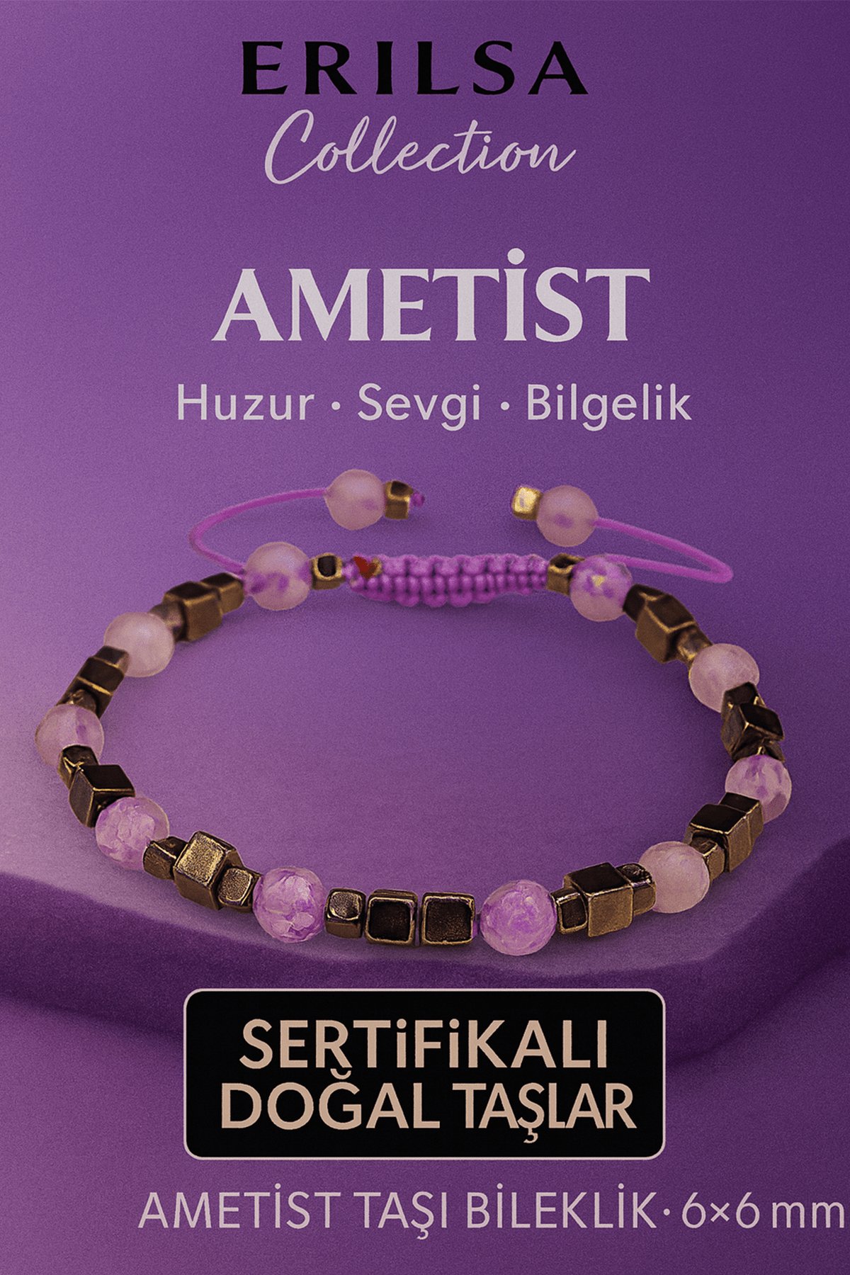 Sertifikalı Doğal Terahertz Fasetli Ametist Taşı Bileklik 6x6 mm Huzur ve Bilgelik Taşı