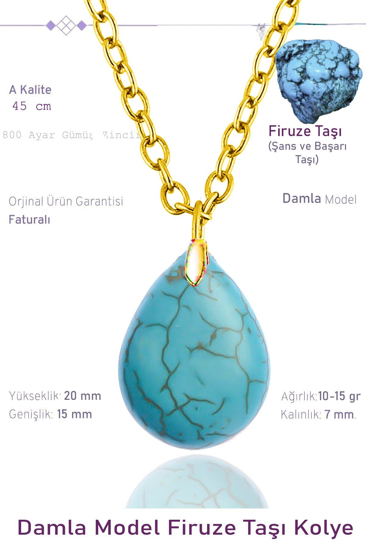 Sertifikalı Damla Model Gerçek Firuze Taşı Kolye - 24k Altın Kaplama