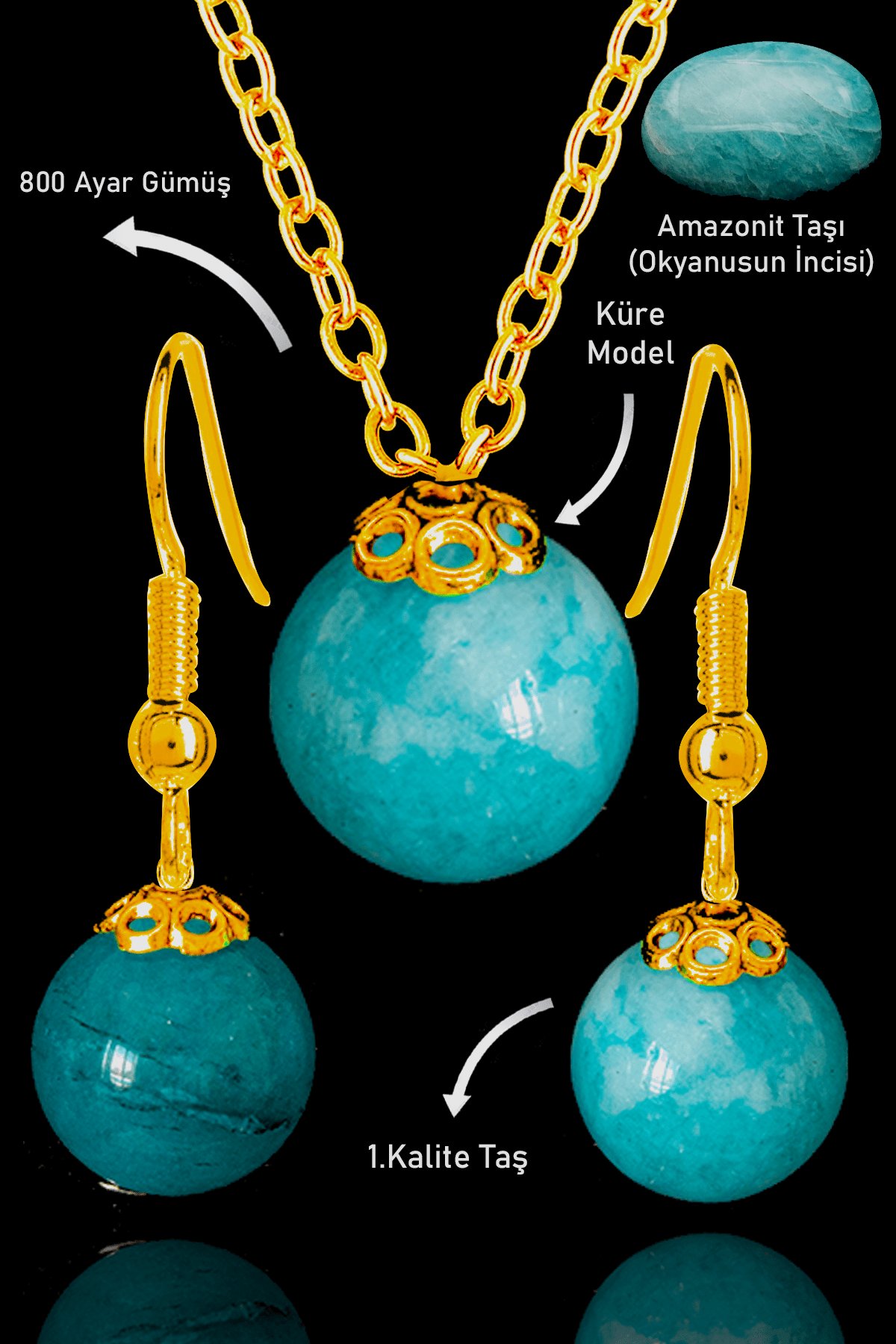 Sertifikalı Gold Küre Model Amazonit Taşı Kolye ve Küpe Seti - Gümüş Aparatlı