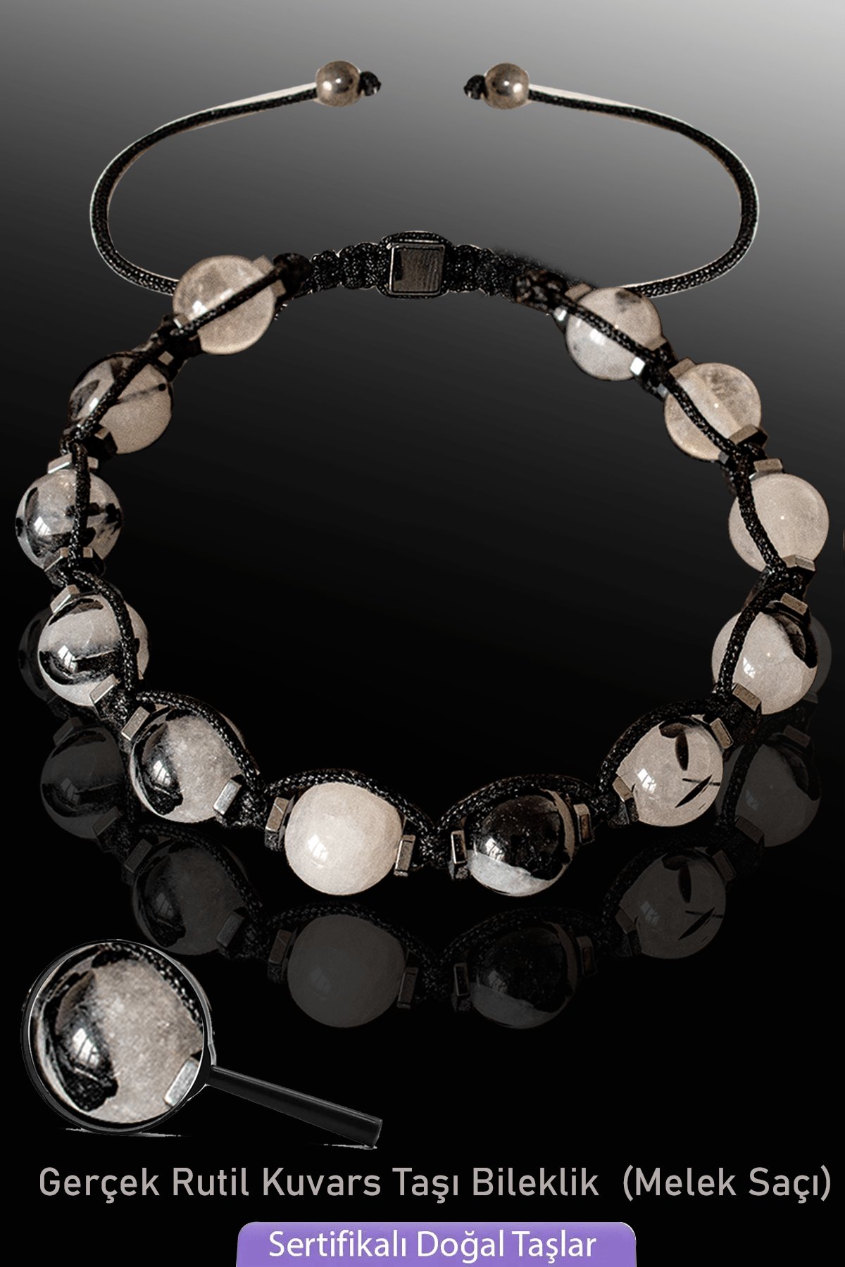 Sertifikalı Makrome Hematitli Gerçek Rutil Kuvars Taşı Bileklik - Melek Saçı