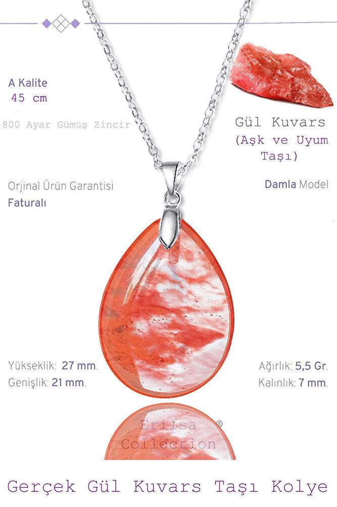 Sertifikalı Damla Model Gül Kuvars Taşı Kolye (Gümüş Aparatlı)