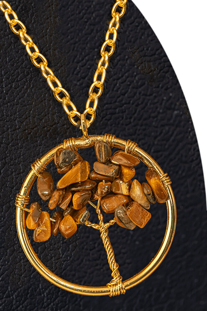 Sertifikalı Gold Kaplan Gözü Taşı Hayat Ağacı Kolye - Altın Renkli