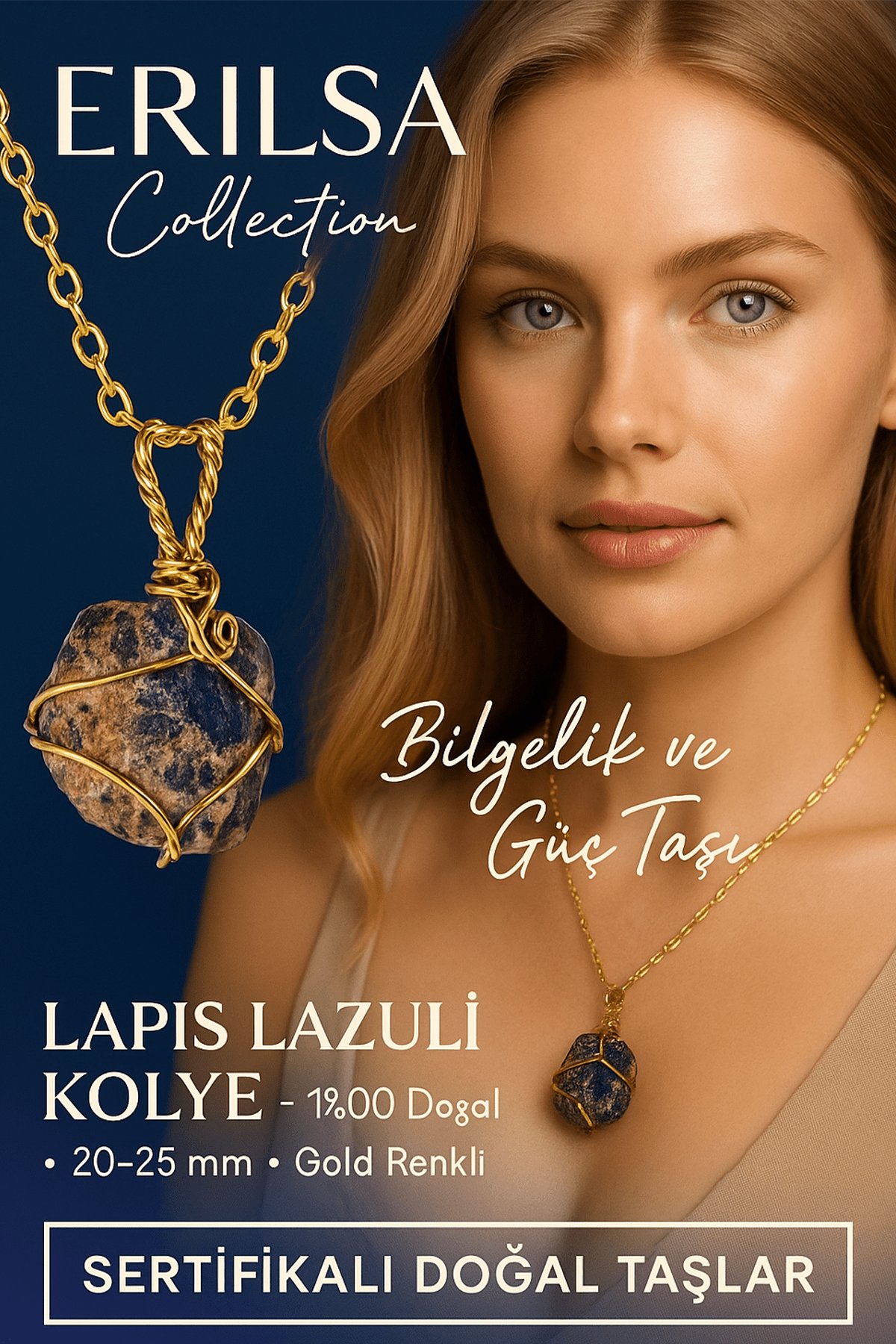 Sertifikalı Gold Renkli Ham Lapis Lazuli Doğal Taş Kolye – Bilgelik ve Güç Taşı