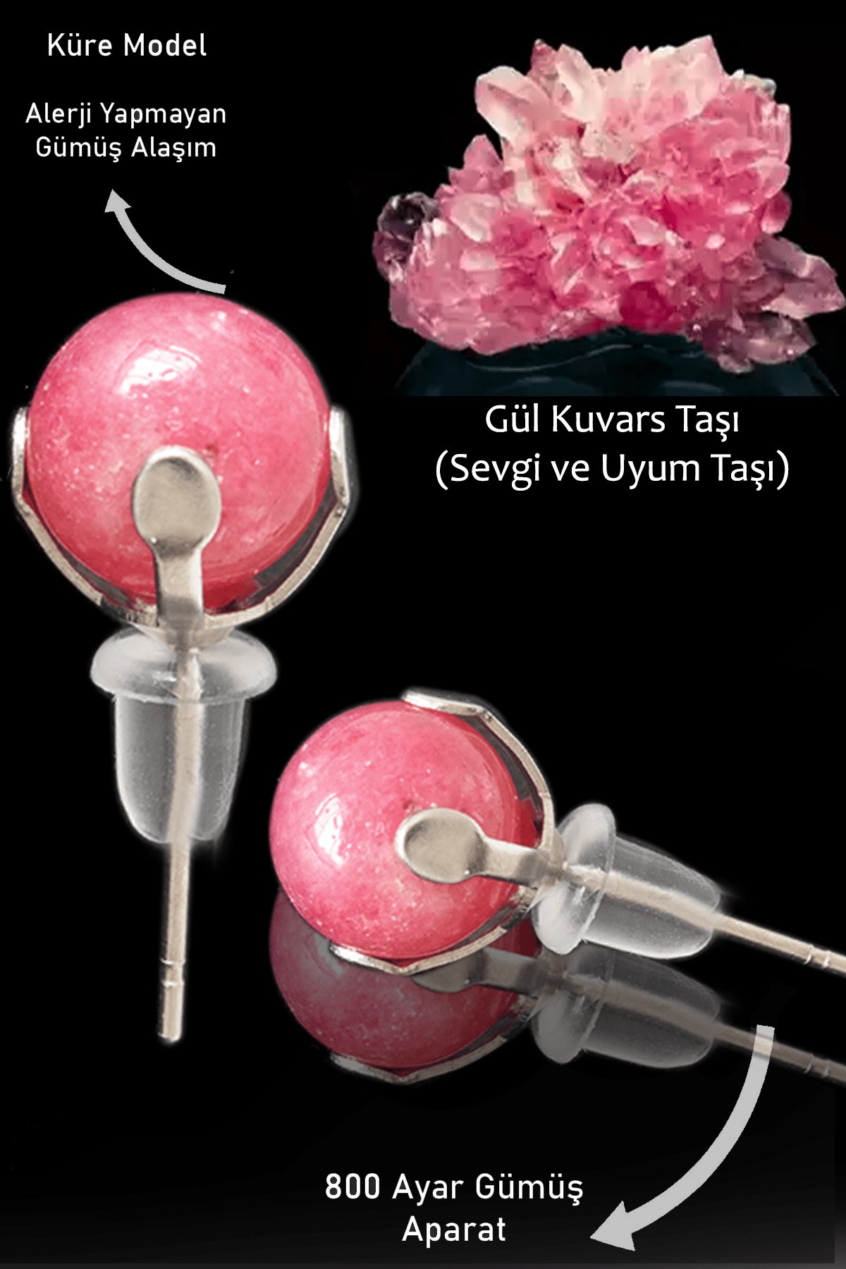 Sertifikalı Gerçek Gül Kuvars Taşı Nokta Doğal Taş Küpe