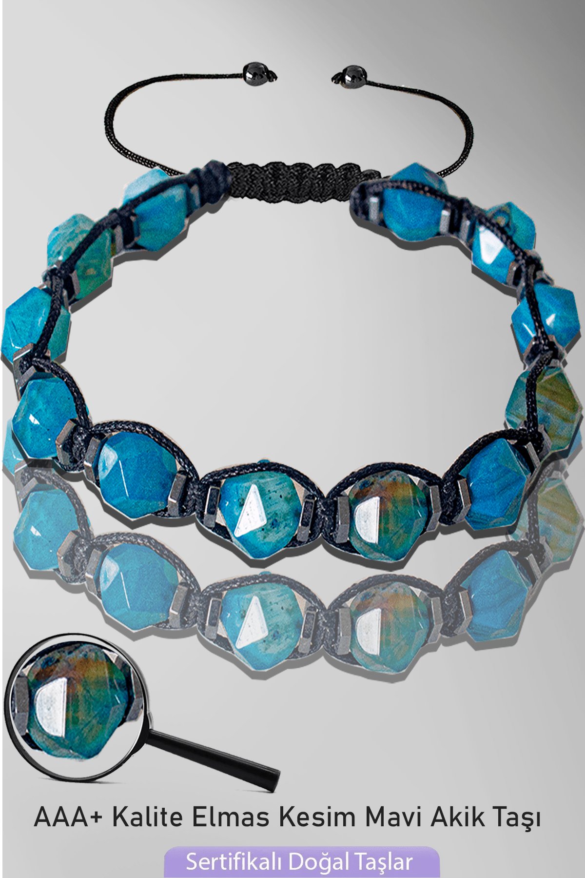 Sertifikalı AAA+ Hematitli Elmas Kesim Mavi Akik Taşı Bileklik - Ayarlamalı