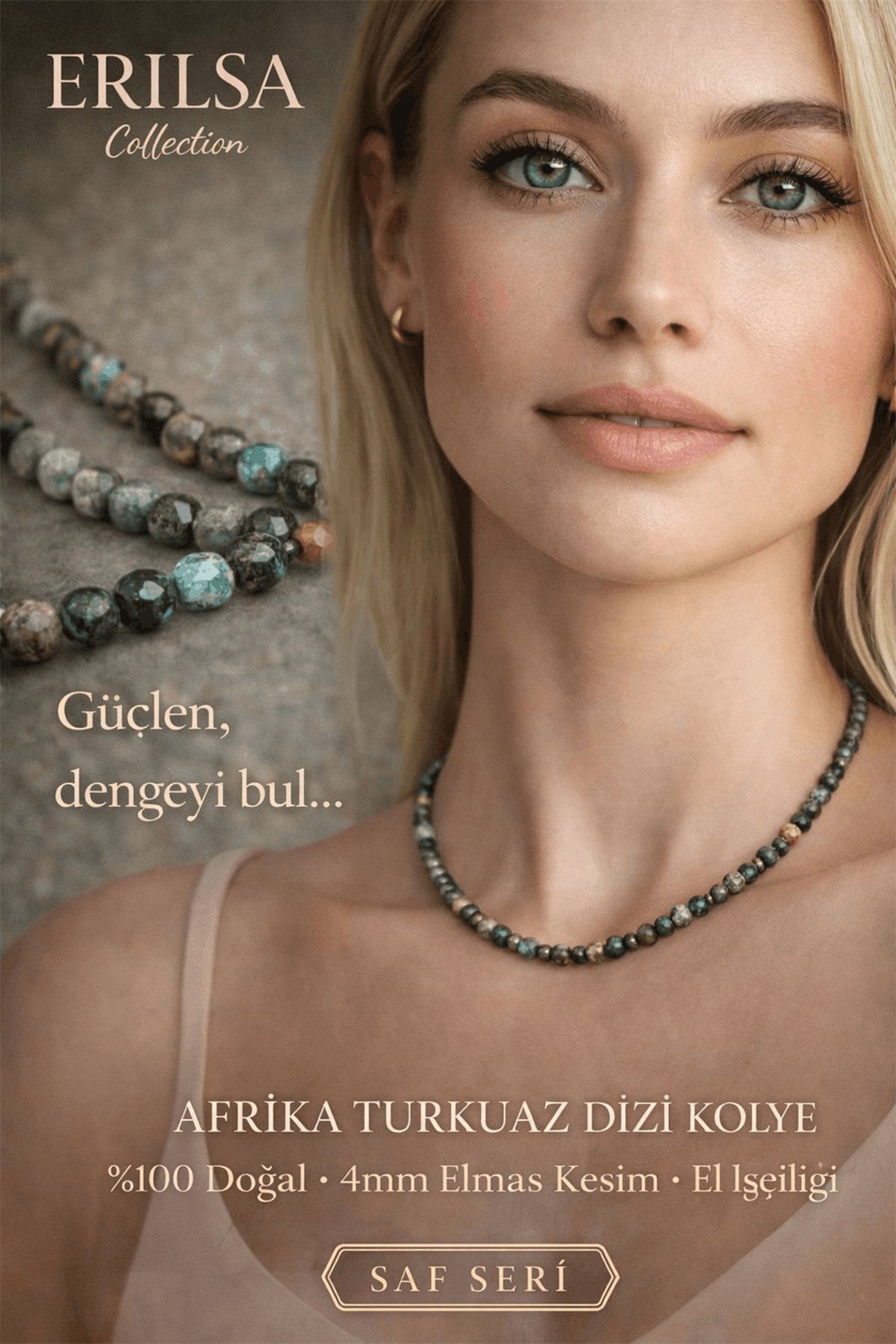 Sertifikalı Afrika Turkuaz Firuze Dizi Kolye - 4mm Elmas Kesim Minimal Seri Doğal Taş