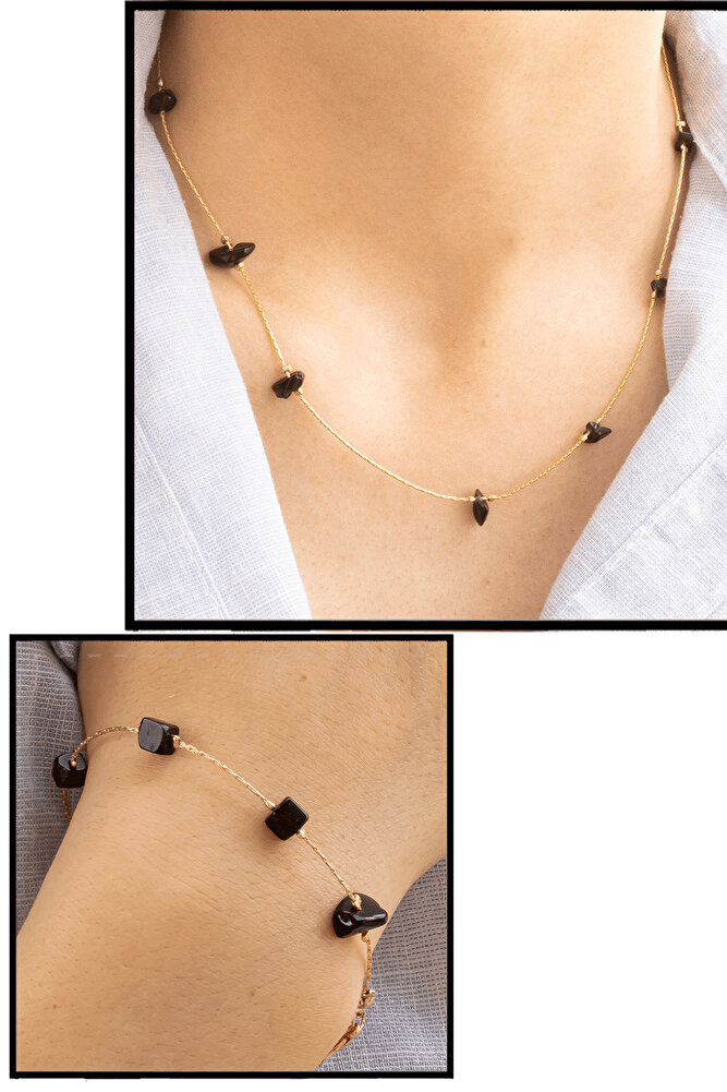 Sertifikalı Gerçek Obsidyen Taşlı Doğal Taş Kolye Bileklik Seti