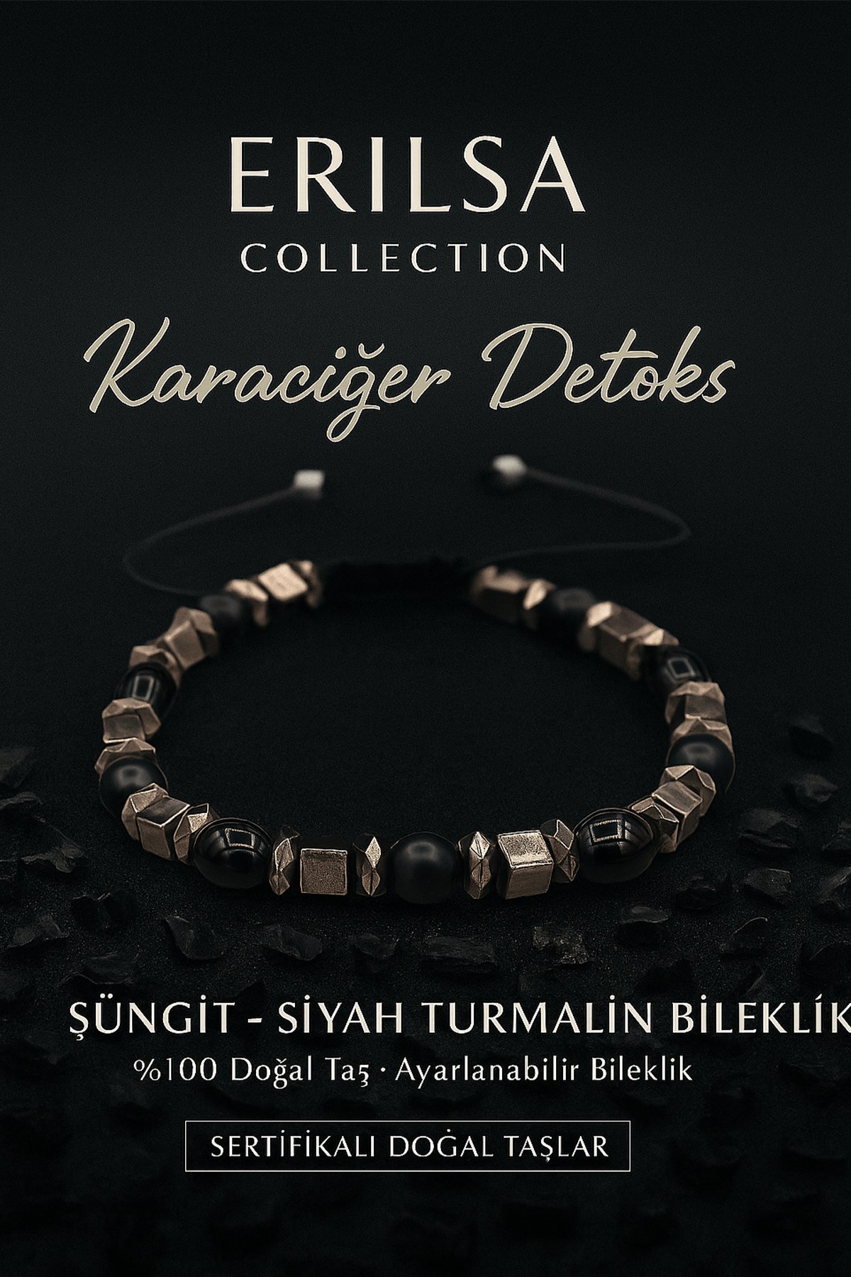 Sertifikalı Şungit ve Siyah Turmalin Karaciğer Detoks Bilekliği – Arınma ve Koruma Taşları