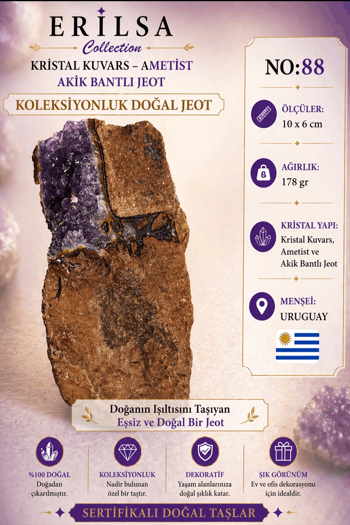 Sertifikalı Kristal Kuvars Ametist Akik Bantlı Jeot Doğal Taş Koleksiyonluk Dekoratif 10x6 cm NO88